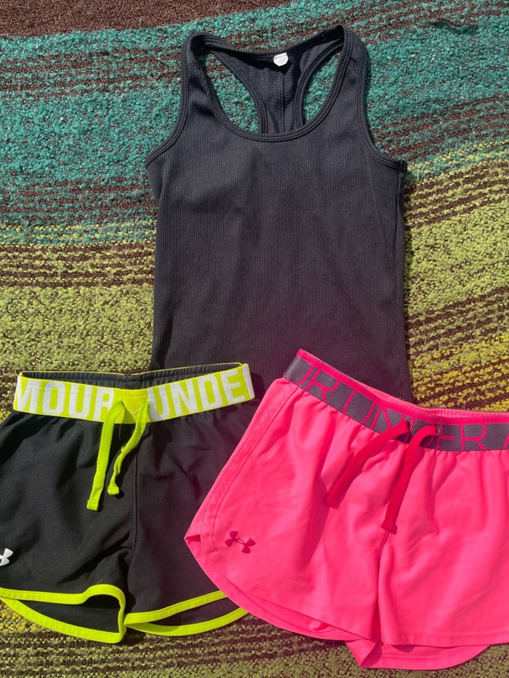 Under Armour Black Ribbed Tank with Neon Pink and Neon Green Trim Shorts